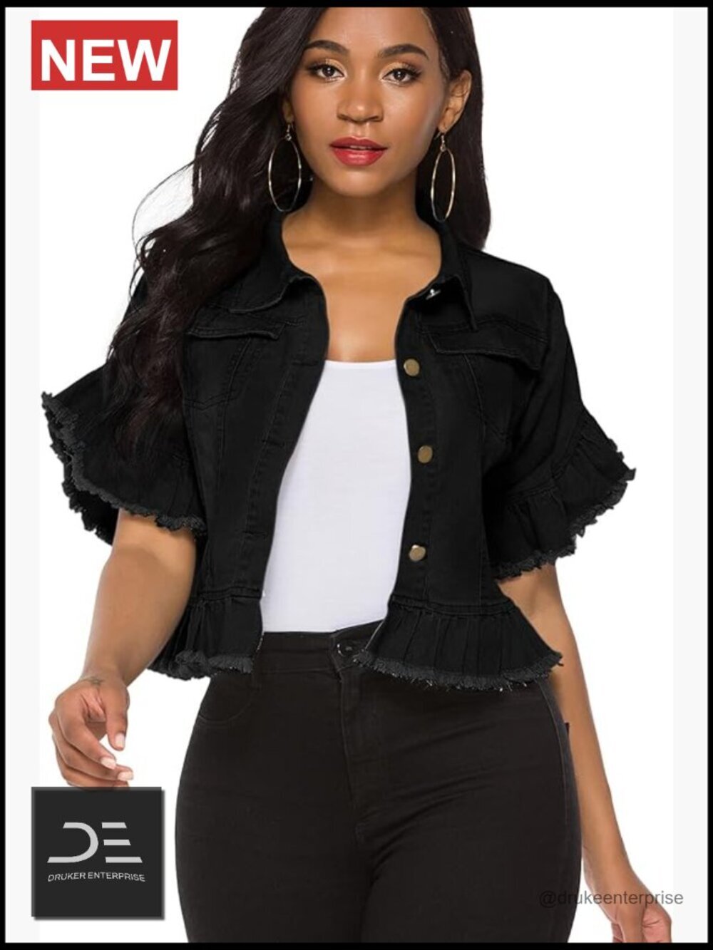 Denim Jacket Button Down Distressed Ruffle Sleeve Crop Jean Jackets Coat
